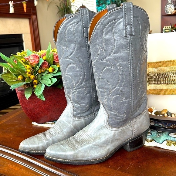 Two Tone Gray Cowboy Boots Western Stitched Heeled Pull On